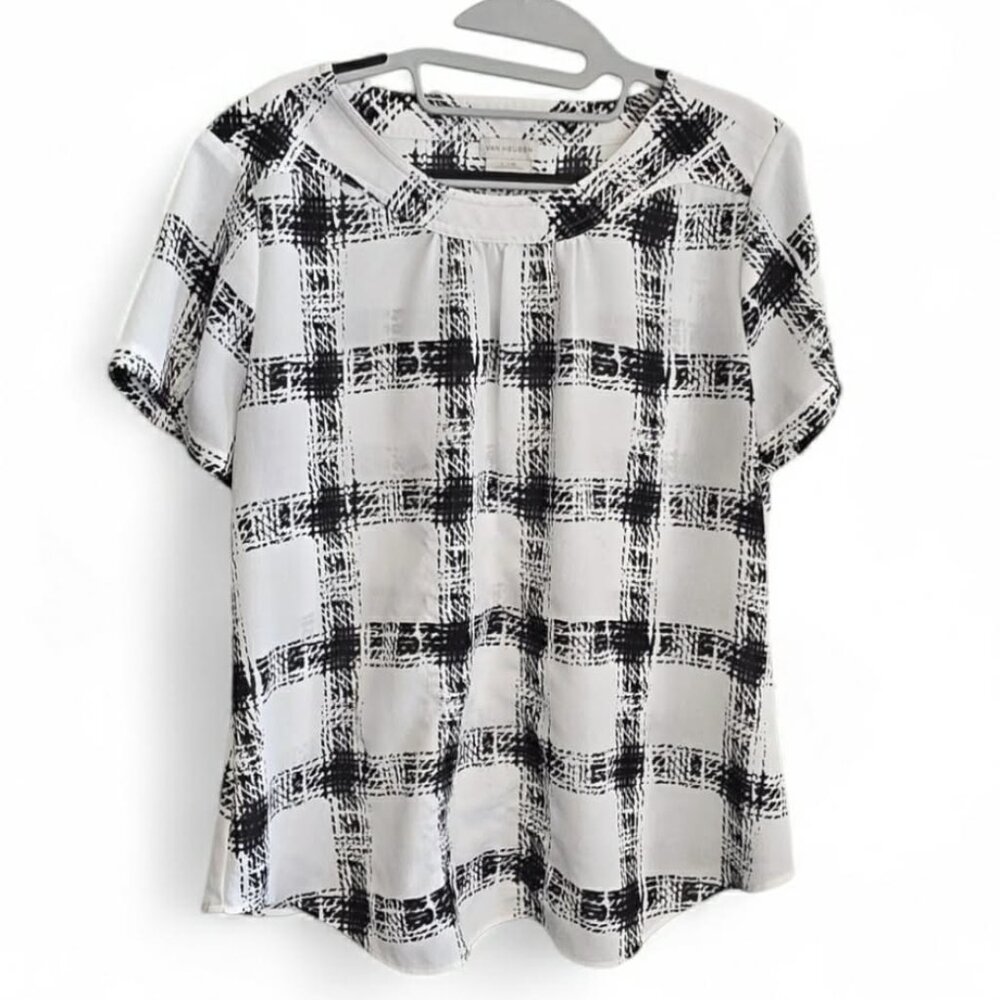 Van Heusen Plaid Shirt Black White Plaid Sz L Spring Summer Blouse